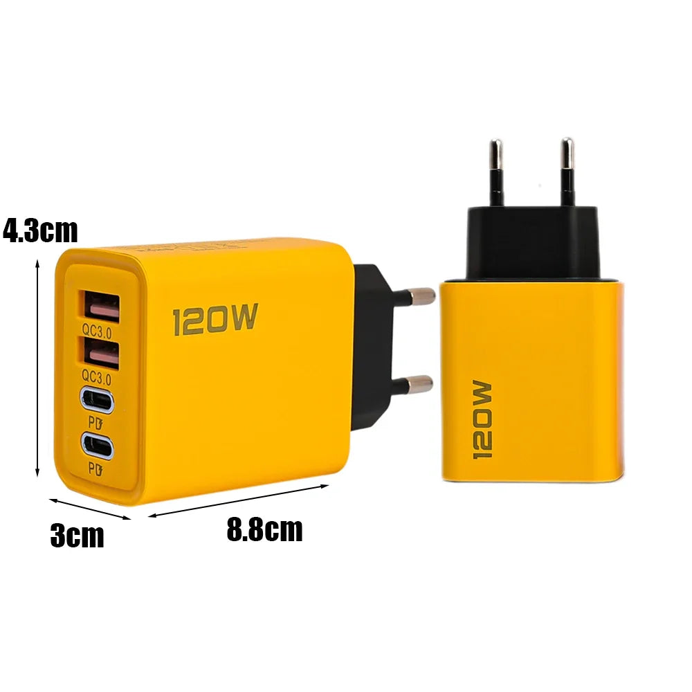 120W 4-Port Fast Wall Charger – Dual USB-C PD & QC3.0 for iPhone, Android & More