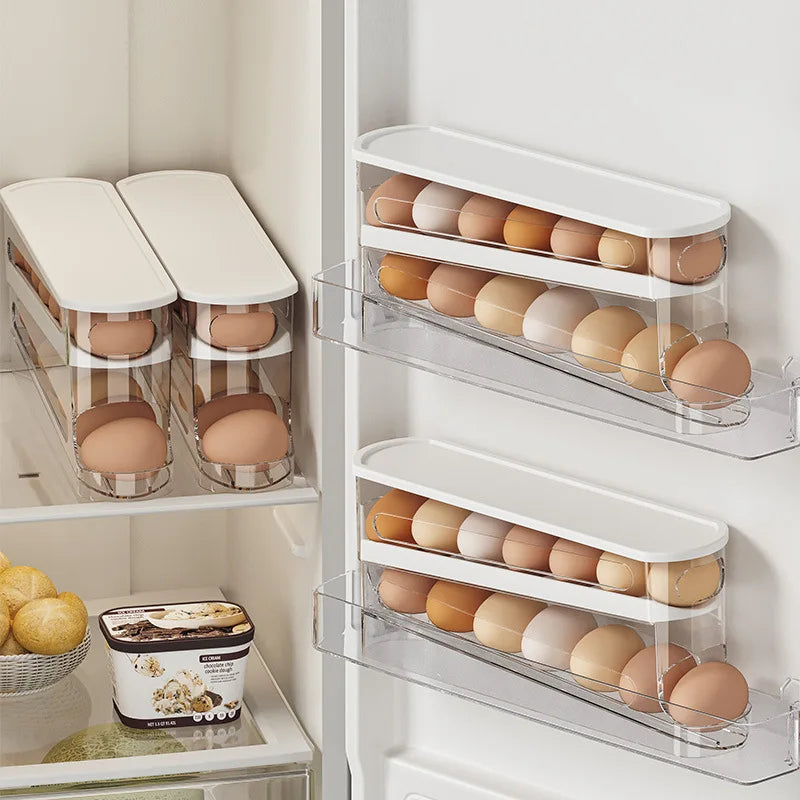 Bilayer Fridge Egg Storage Box Automatic Rolling Eggs Holder Rack Ladder Style Refrigerator Eggs Dispenser Egg Organizer Holder
