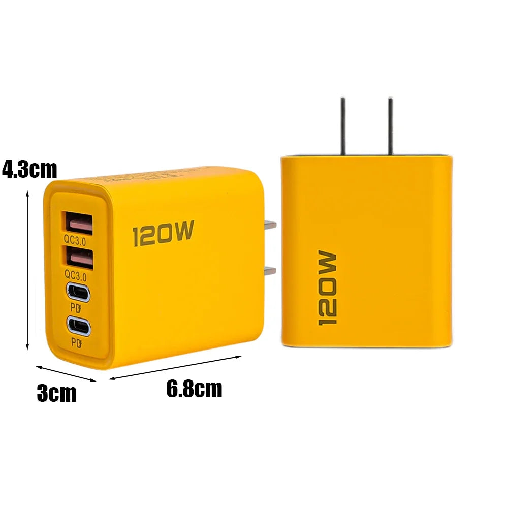 120W 4-Port Fast Wall Charger – Dual USB-C PD & QC3.0 for iPhone, Android & More