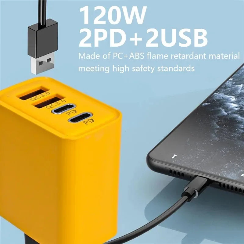 120W 4-Port Fast Wall Charger – Dual USB-C PD & QC3.0 for iPhone, Android & More