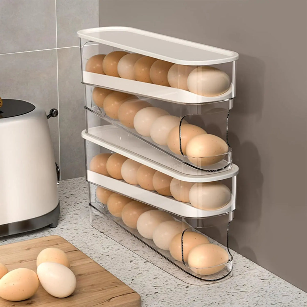 Bilayer Fridge Egg Storage Box Automatic Rolling Eggs Holder Rack Ladder Style Refrigerator Eggs Dispenser Egg Organizer Holder