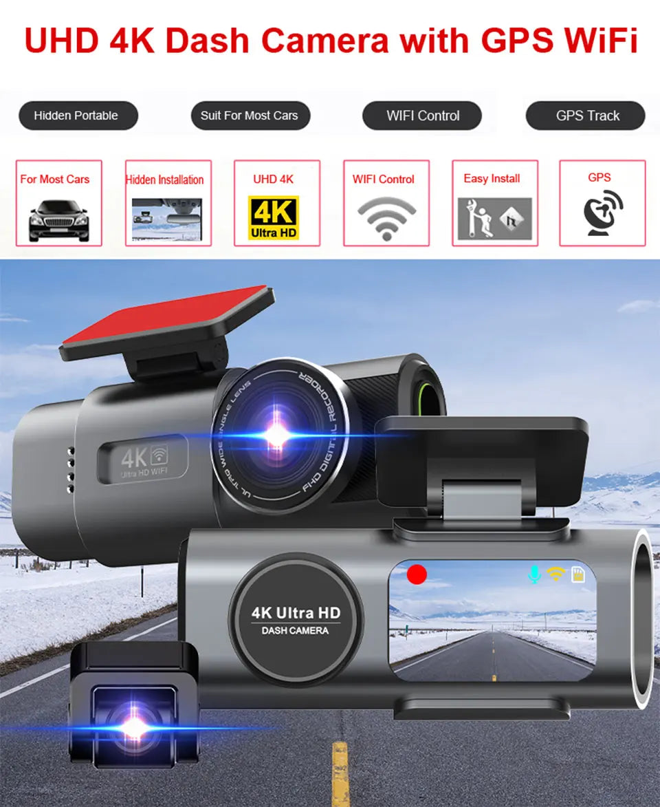 4K Dash Cam with Night Vision, Wi-Fi &amp; GPS – Front &amp; Rear Car Camera DVR