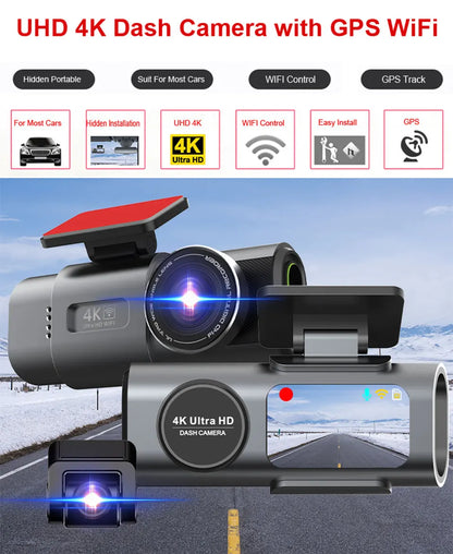 4K Dash Cam with Night Vision, Wi-Fi &amp; GPS – Front &amp; Rear Car Camera DVR