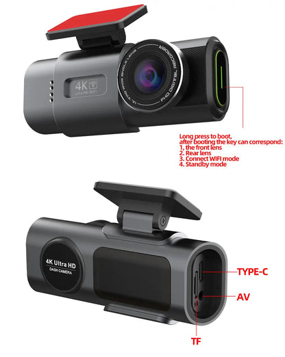 4K Dash Cam with Night Vision, Wi-Fi &amp; GPS – Front &amp; Rear Car Camera DVR