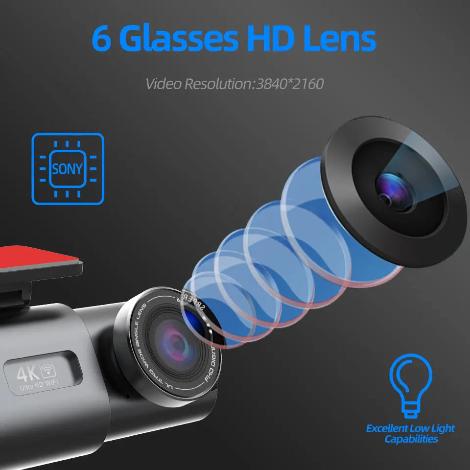 4K Dash Cam with Night Vision, Wi-Fi &amp; GPS – Front &amp; Rear Car Camera DVR