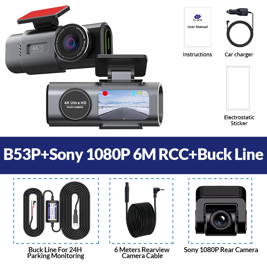 4K Dash Cam with Night Vision, Wi-Fi &amp; GPS – Front &amp; Rear Car Camera DVR