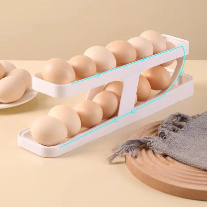 Bilayer Fridge Egg Storage Box Automatic Rolling Eggs Holder Rack Ladder Style Refrigerator Eggs Dispenser Egg Organizer Holder