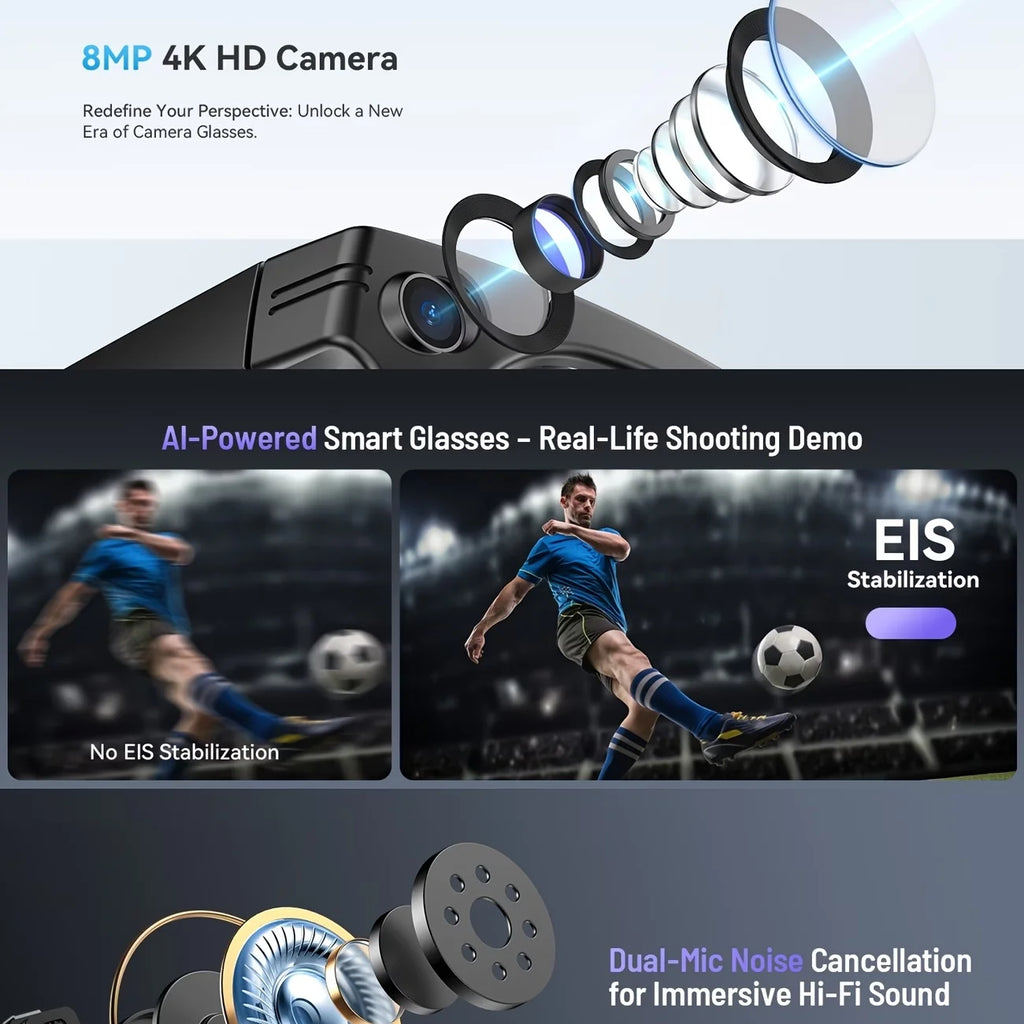 Camera video glasses, smart translation, object recognition via camera, Q&A interaction, Hi-Fi music, and high-definition calls.