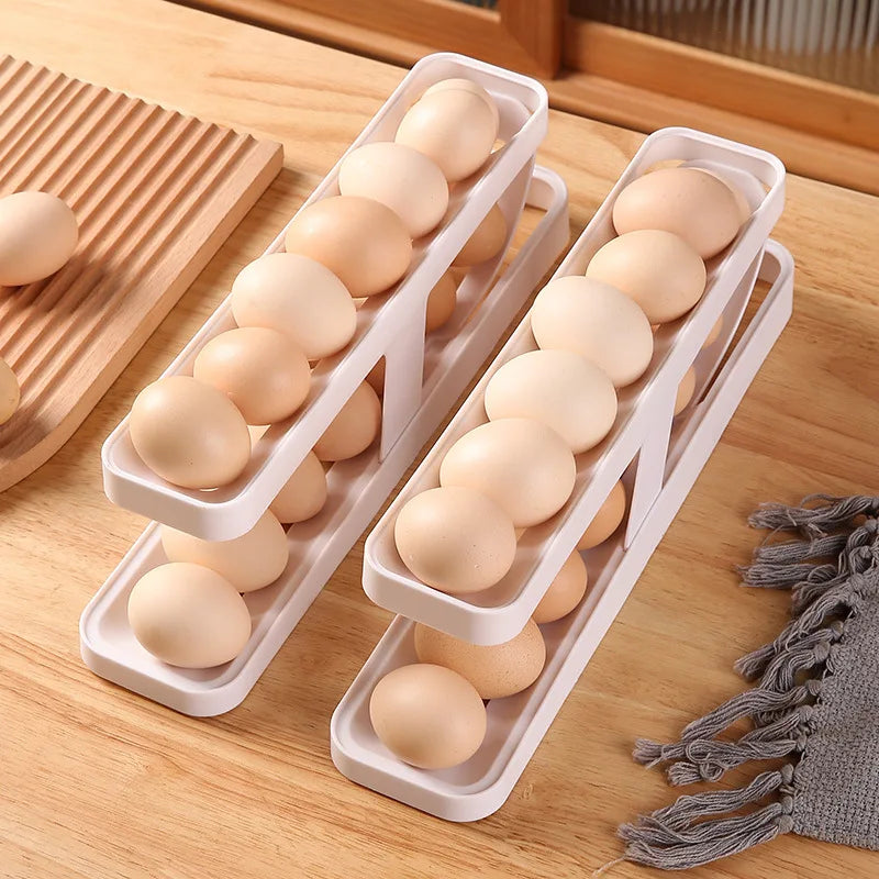 Bilayer Fridge Egg Storage Box Automatic Rolling Eggs Holder Rack Ladder Style Refrigerator Eggs Dispenser Egg Organizer Holder