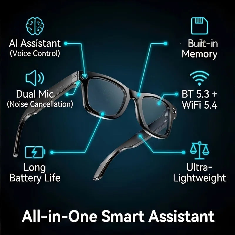 Camera video glasses, smart translation, object recognition via camera, Q&A interaction, Hi-Fi music, and high-definition calls.