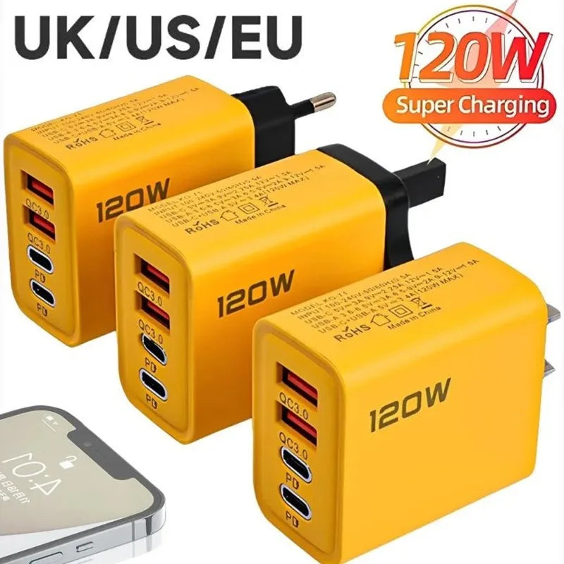 120W 4-Port Fast Wall Charger – Dual USB-C PD &amp; QC3.0 for iPhone, Android &amp; More