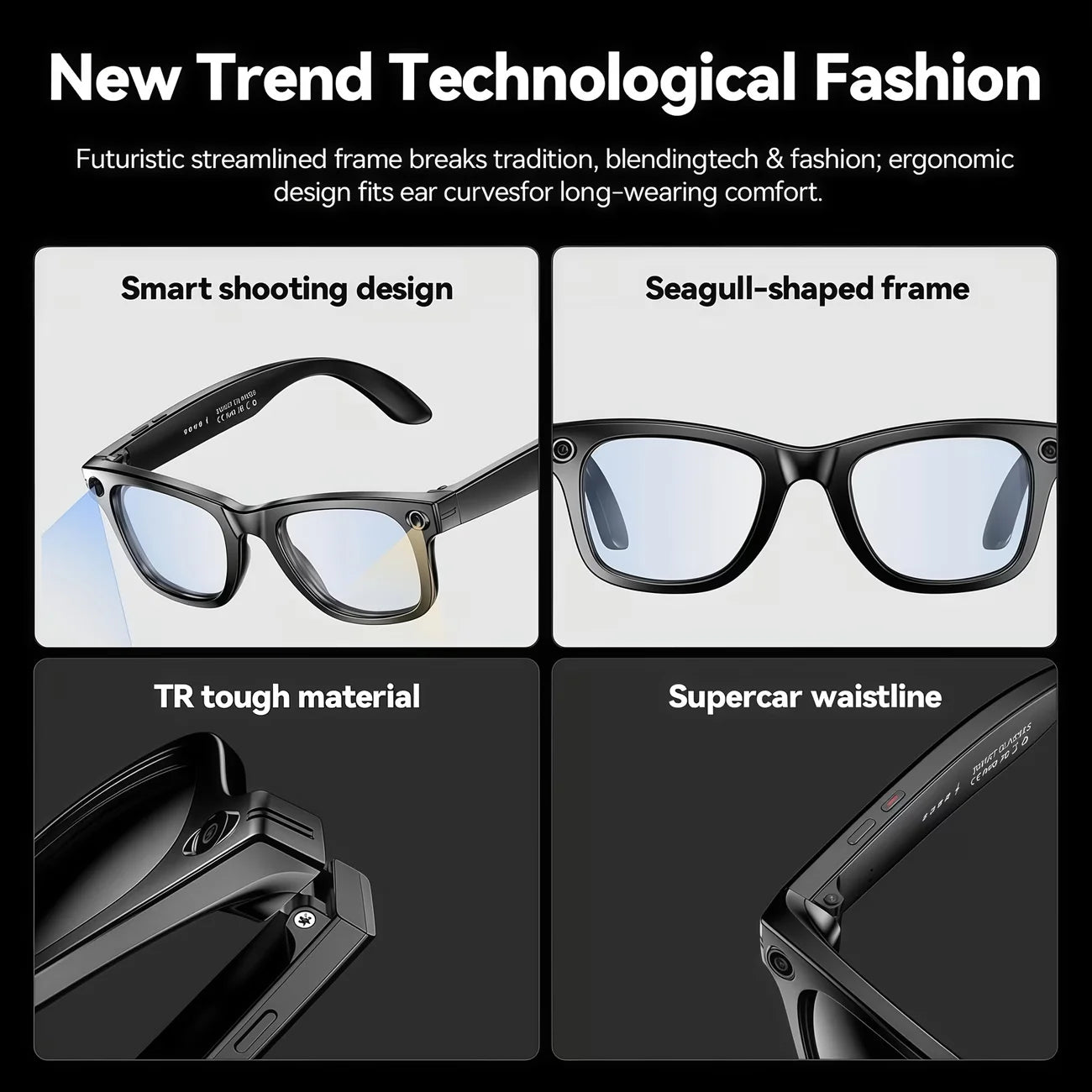 Camera video glasses, smart translation, object recognition via camera, Q&A interaction, Hi-Fi music, and high-definition calls.