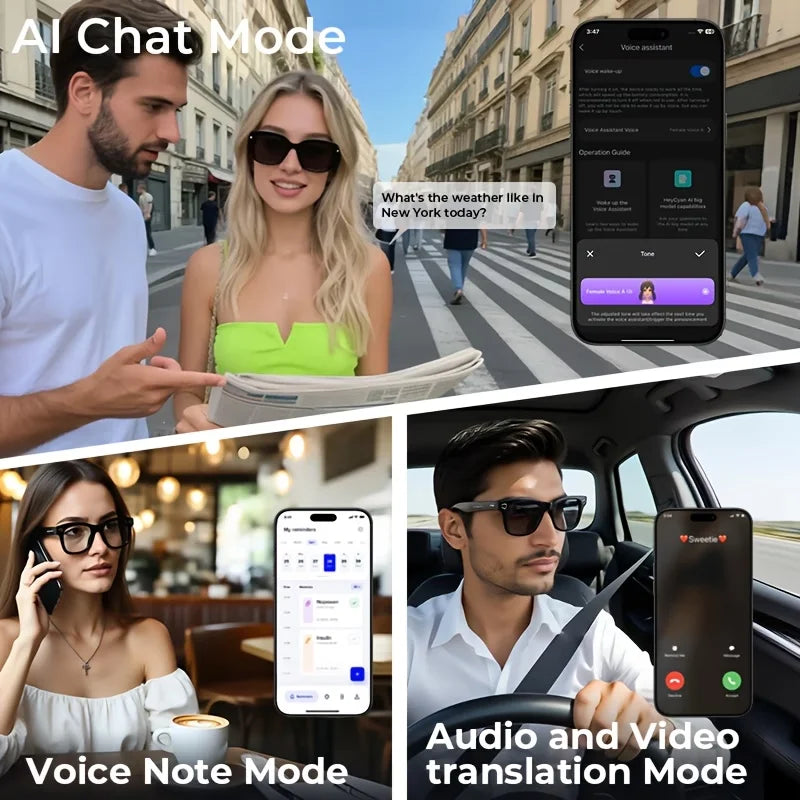 Camera video glasses, smart translation, object recognition via camera, Q&A interaction, Hi-Fi music, and high-definition calls.