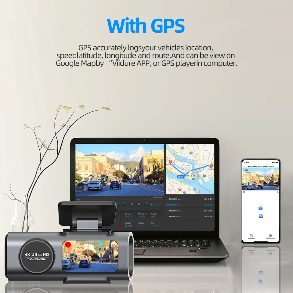 4K Dash Cam with Night Vision, Wi-Fi &amp; GPS – Front &amp; Rear Car Camera DVR