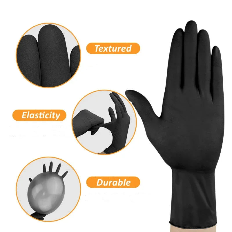 Black Nitrile Disposable Gloves – Latex-Free, Puncture-Resistant for Mechanic, Tattoo, Hair &amp; Cleaning (10–100 Pack)