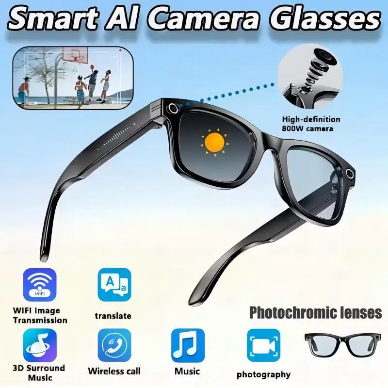 Camera video glasses, smart translation, object recognition via camera, Q&A interaction, Hi-Fi music, and high-definition calls.