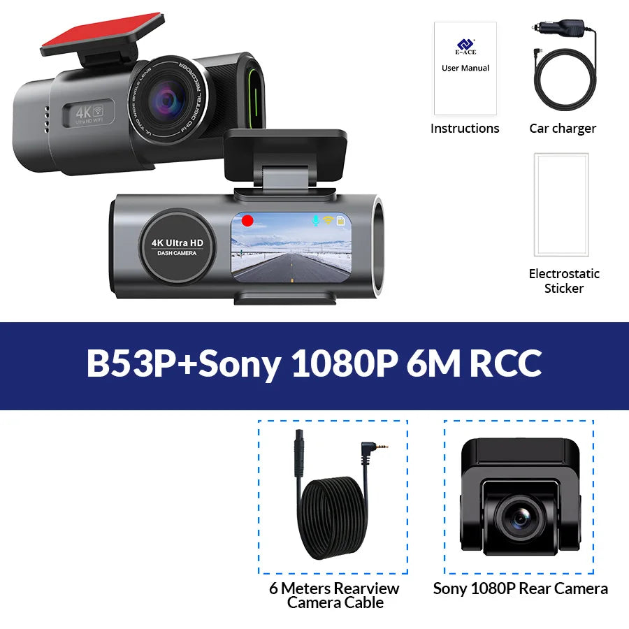 4K Dash Cam with Night Vision, Wi-Fi &amp; GPS – Front &amp; Rear Car Camera DVR