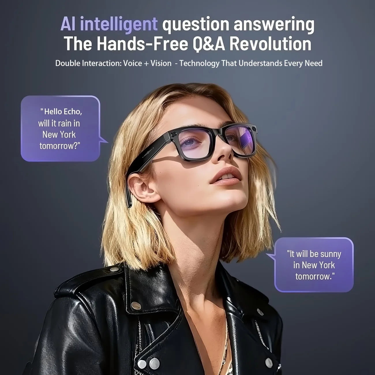 Camera video glasses, smart translation, object recognition via camera, Q&A interaction, Hi-Fi music, and high-definition calls.