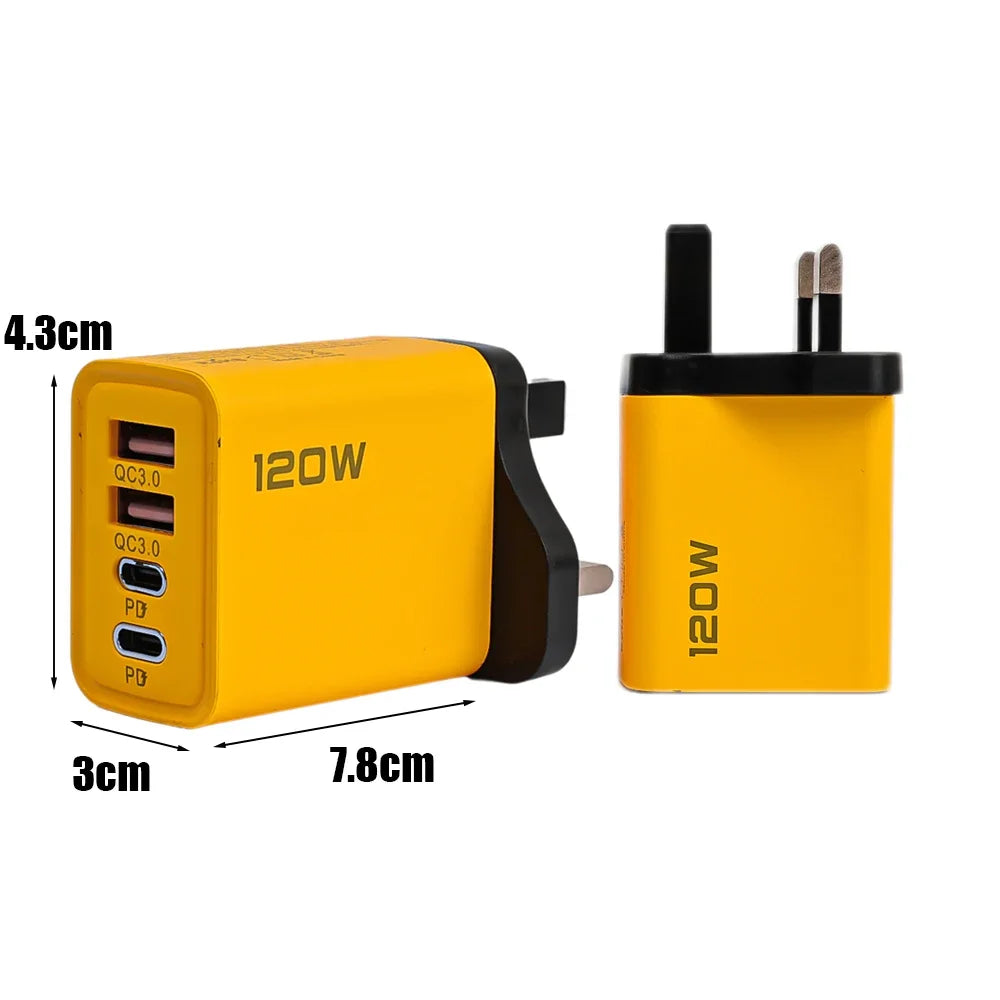120W 4-Port Fast Wall Charger – Dual USB-C PD &amp; QC3.0 for iPhone, Android &amp; More