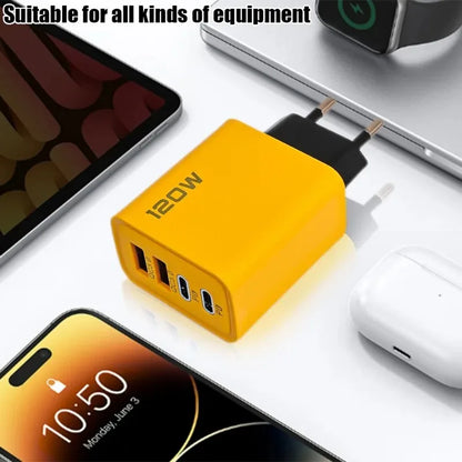 120W 4-Port Fast Wall Charger – Dual USB-C PD &amp; QC3.0 for iPhone, Android &amp; More