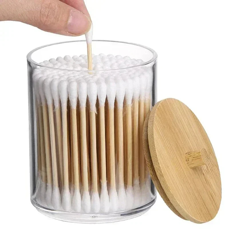 Acrylic Storage Box Bathroom Jar Makeup Organizer Cotton Round Pad Holder Cotton Swab Box Qtip Holder Dispenser with Bamboo Lid