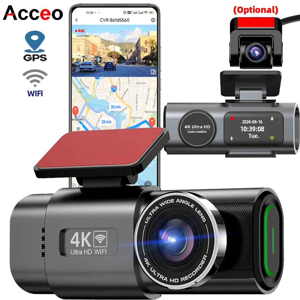 4K Dash Cam with Night Vision, Wi-Fi &amp; GPS – Front &amp; Rear Car Camera DVR