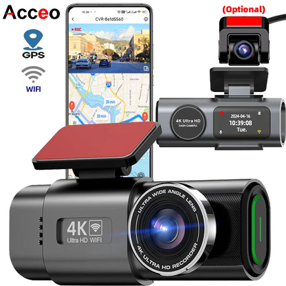 4K Dash Cam with Night Vision, Wi-Fi &amp; GPS – Front &amp; Rear Car Camera DVR